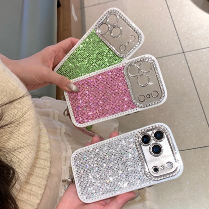 Blingbling Shining Glitter Rhinestone With Bow Lanyard Camera Lens Proteciton Phone Cover Case For iPhone