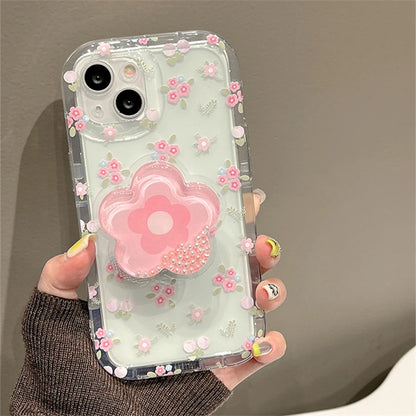 Cute Quicksand Pink Flower Holder Phone Case For iPhone