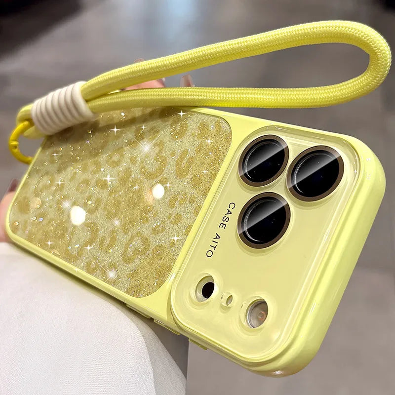Glitter Leopard Print Wrist Strap Case  For iPhone