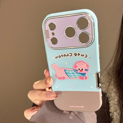 Korean Cartoon Embroidery Kitten Leather Texture Fold Mirror Phone Case For iPhone