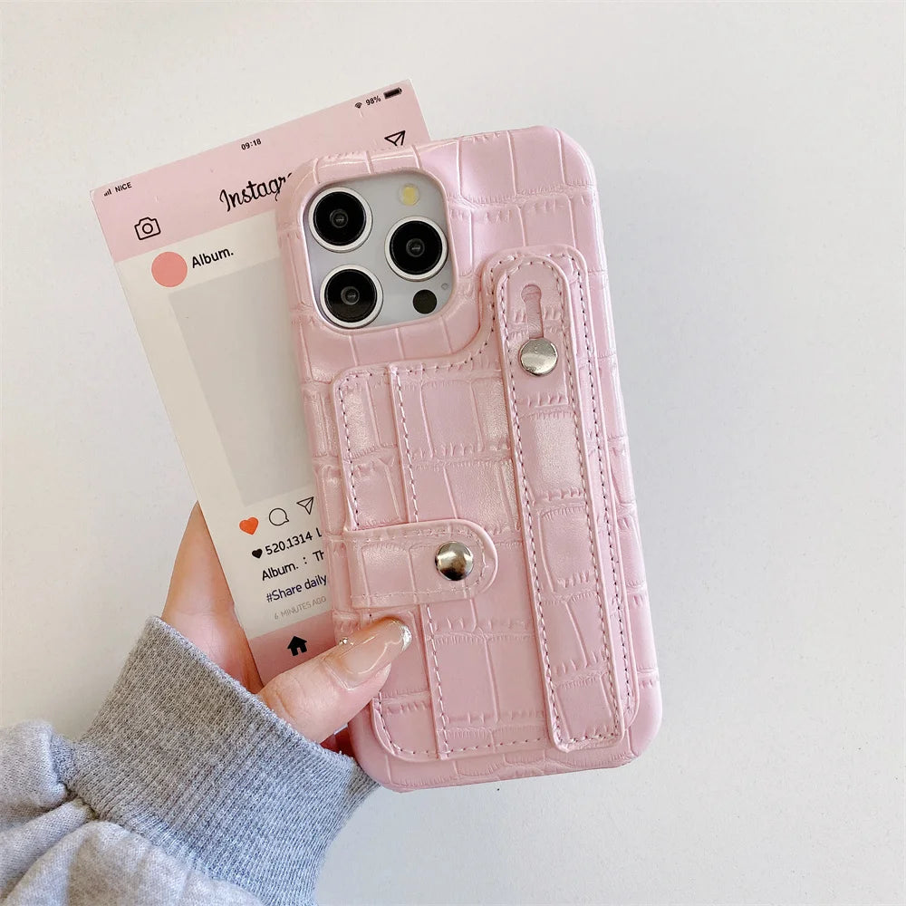 Slot Card Bag Wrist Strap Holder Leather Wallet Phone Case For iPhone