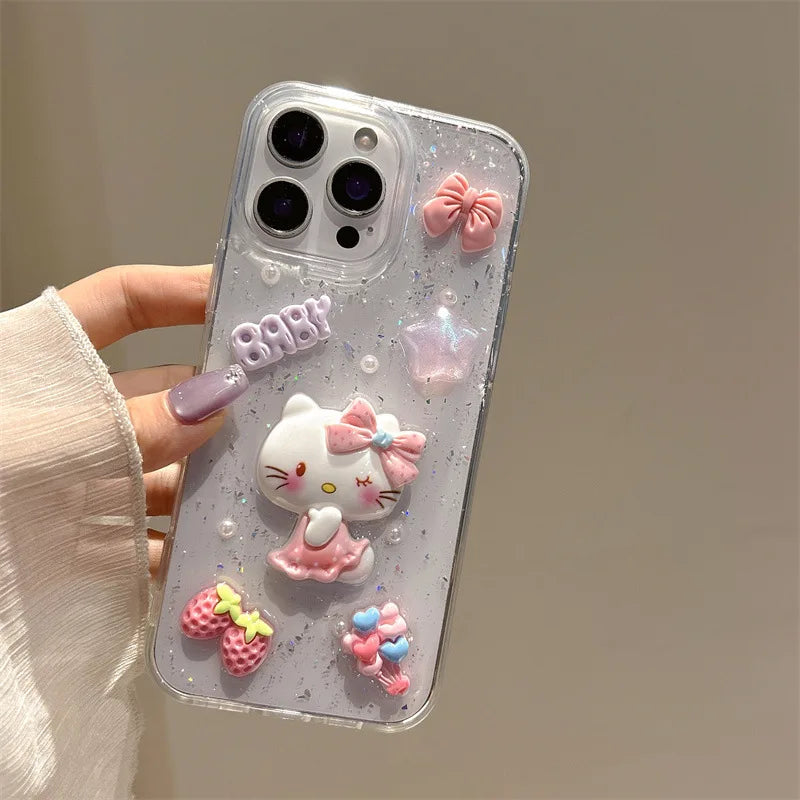 3D Cartoon Strawberry Hello Kitty Drop Glue Glitter Phone Case For iPhone