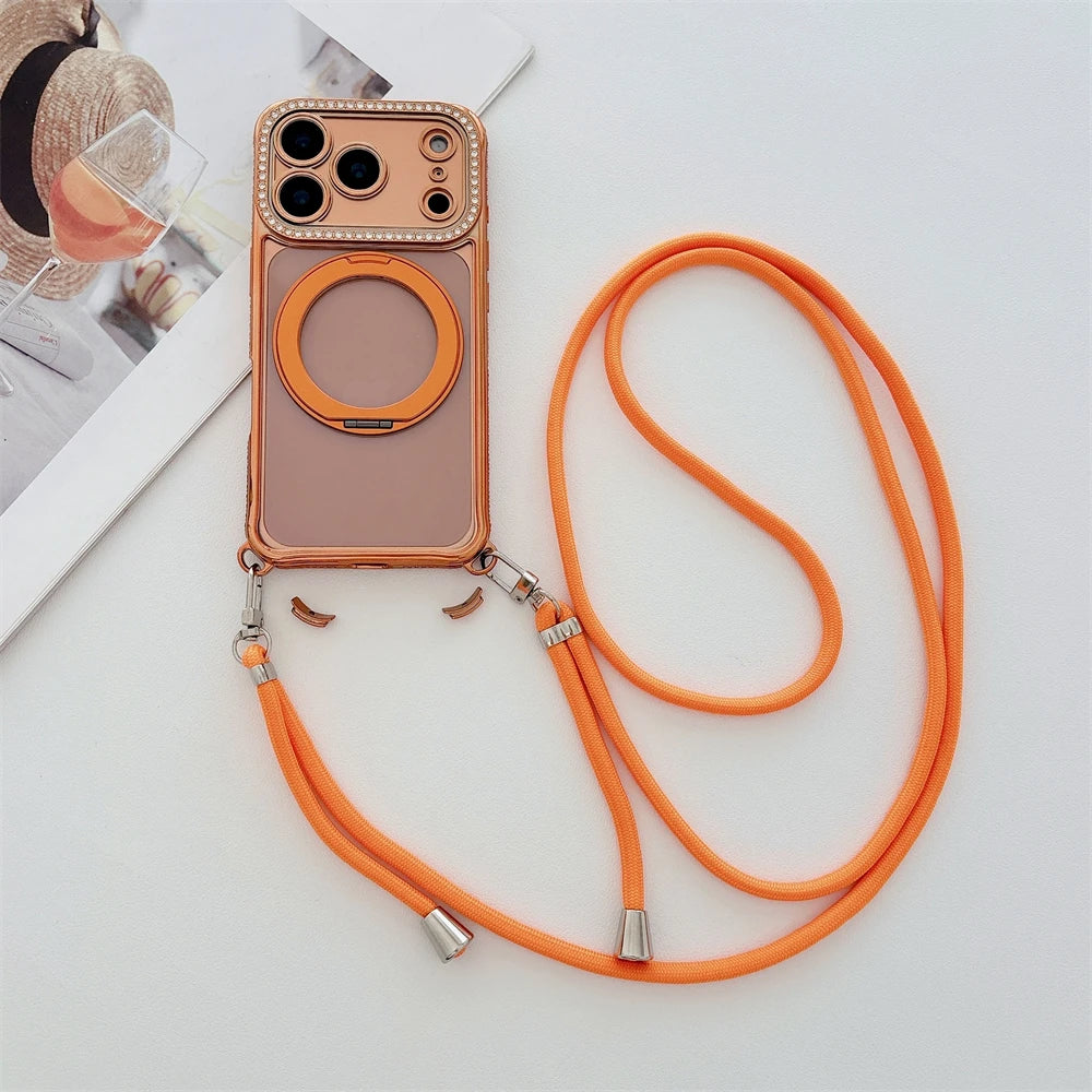 Flash Diamond Necklace Cord Rope Lanyard Plating Magnetic Clear Bracket Case For iPhone