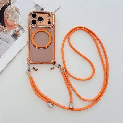 Flash Diamond Necklace Cord Rope Lanyard Plating Magnetic Clear Bracket Case For iPhone