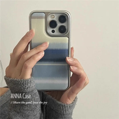 Creative Minimalist Blue Gradient Resin Casting Silver Frame Phone Case For iPhone