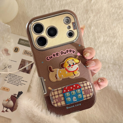 Korean Cartoon Embroidery Kitten Leather Texture Fold Mirror Phone Case For iPhone