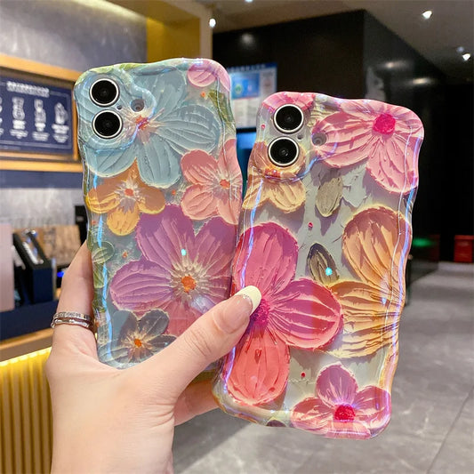 Luxury Blue Light Oil Painting Flowers Wavy Phone Case For iPhone