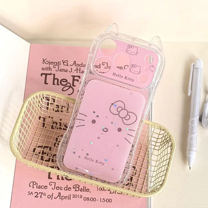 Luxury Pink Cat Ear Drop Adhesive Powder Kitty With Bracket Phone Case For iPhone