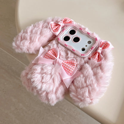 Bunny Rabbit Plush Phone Case with Butterfly Knot Design For iPhone