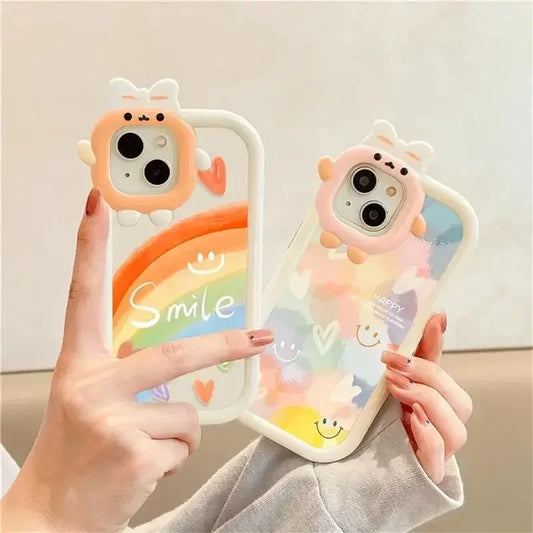 Rainbow Flower 3D Bow-knot Little Monster Lens Soft Clear Phone Case for IPhone