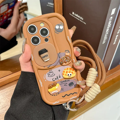 3D Cartoon Bread With Wrist Strap Wavy Phone Case For iPhone