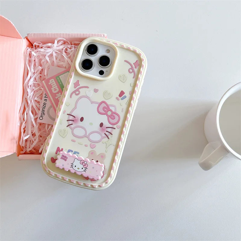 3D Ears Cute Cartoon Hello Kitty Invisible Bracket Phone Case For iPhone