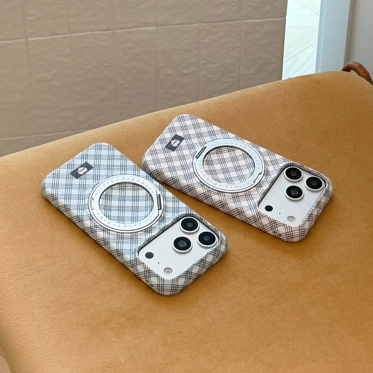 Korean Grid Pattern Fold 360° Rotating Ring Magnetic Bracket Phone Case For iPhone