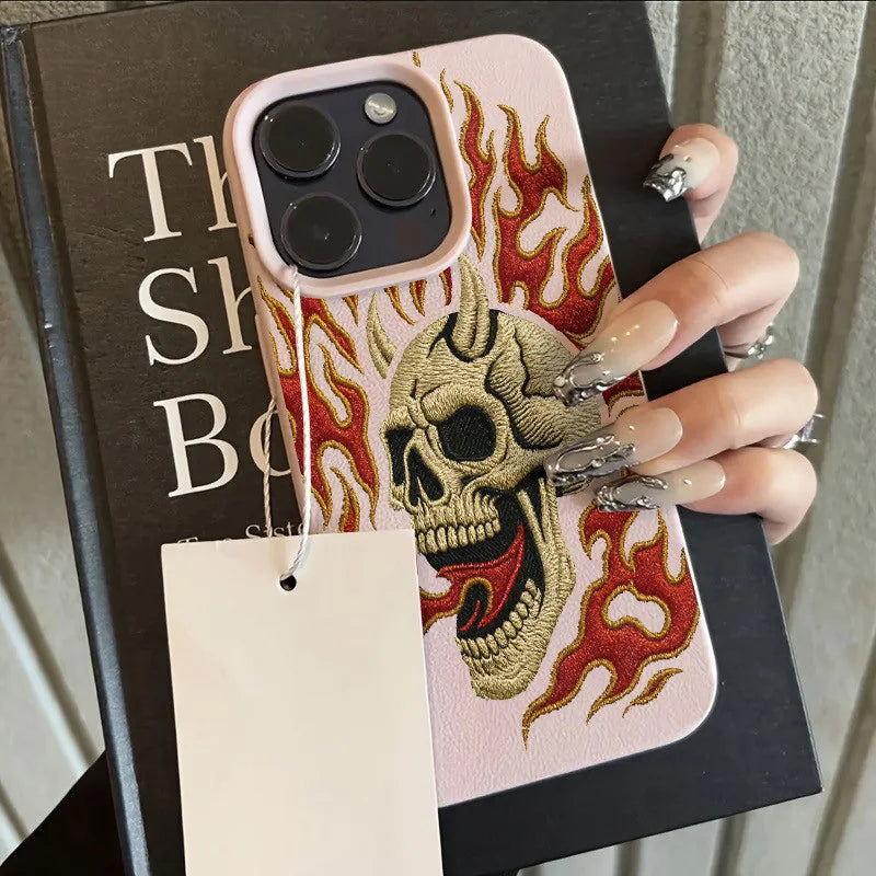 Flame Skull Embroidery Pattern Lychee Texture Phone Case For iPhone