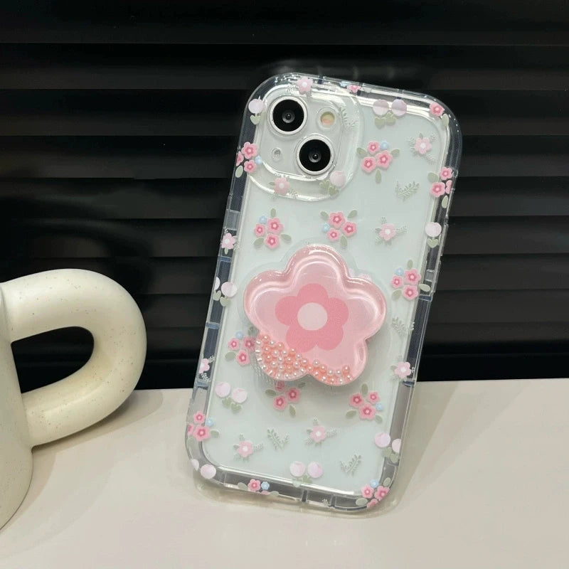 Cute Quicksand Pink Flower Holder Phone Case For iPhone