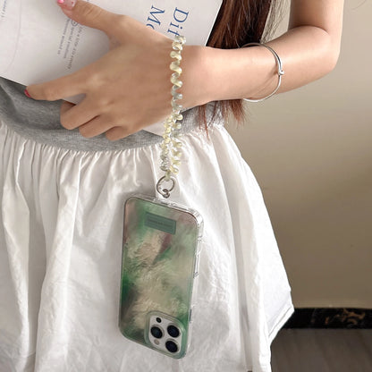 Chic & Minimalist Iridescent Green Gradient Pearl Effect Wrist Chain Phone Case