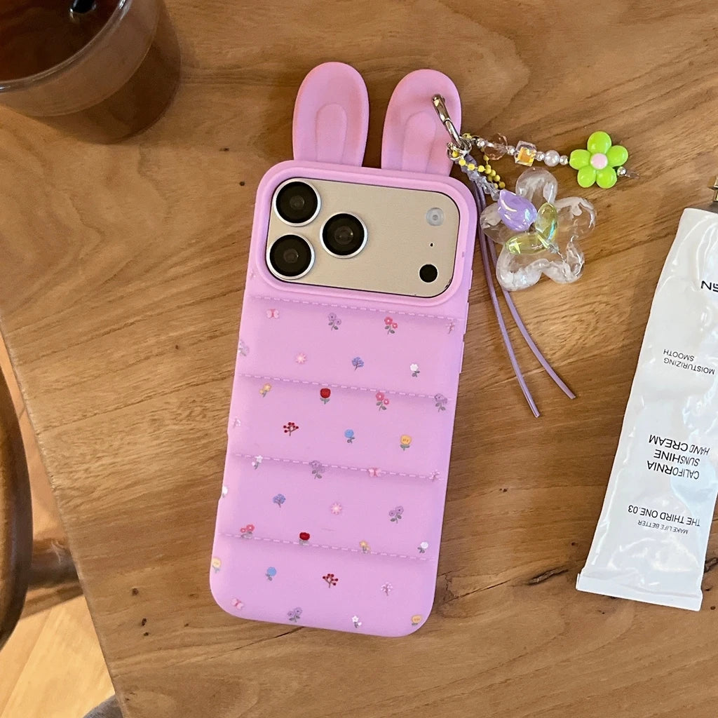 Sweet Cute Flowers Print Stereoscopic Rabbit Ears With Pendant Shock Proof Phone Cover Case For iPhone