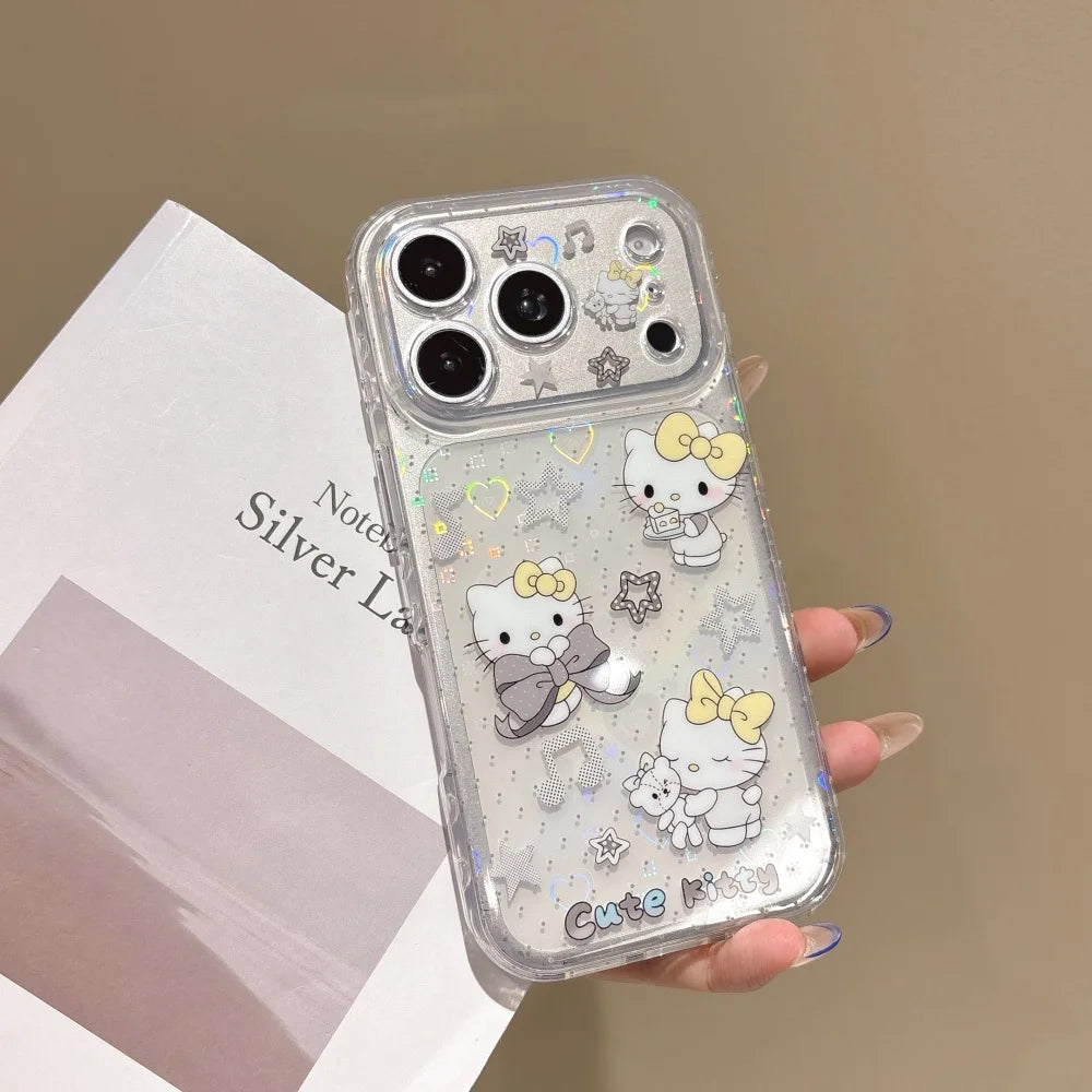 Clear Glitter Laser Star Heart HelloKitty Phone Case With Crystal Bead Wrist Lanyard Shockproof Cover For iPhone