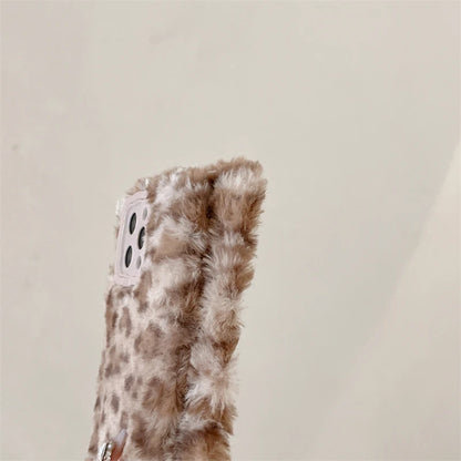 Ins New Fluffy Plush Leopard Print Winter Phone Case For iPhone