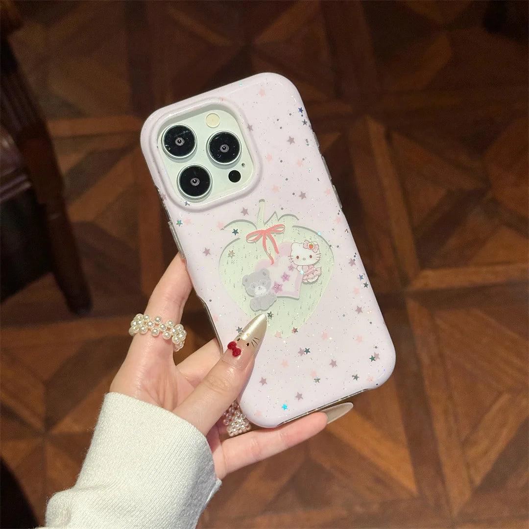 Cute Pink Star Flash Strawberry Kitty Phone Case For iPhone