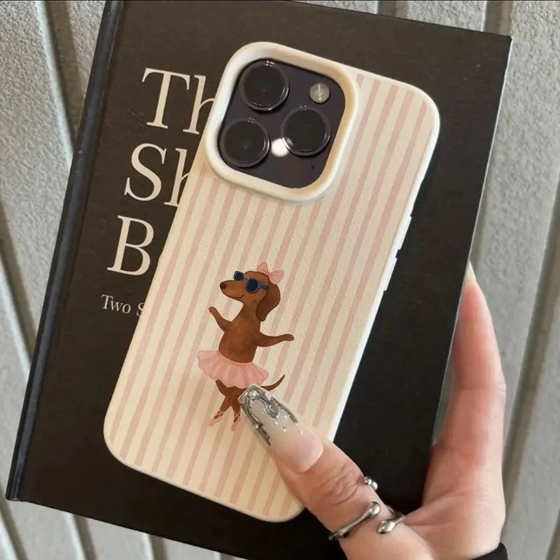Striped Ballet Sausage Dog Pattern Lychee Texture Phone Case For iPhone