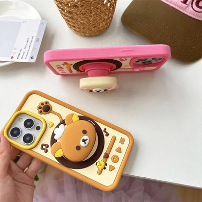 Rotating Record Player Rilakkuma Retractable Stand Phone Case, Compatible With iPhone