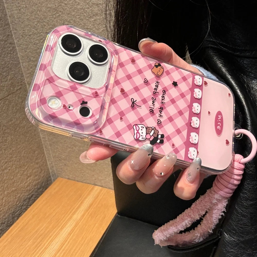 Korean Cute Imd Pink Lingge Kitty Hand Rope Phone Case For iPhone