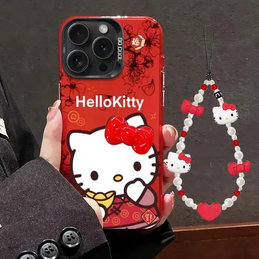 New Year Hello Kitty Red Bow Strap Cute Phone Case For iPhone