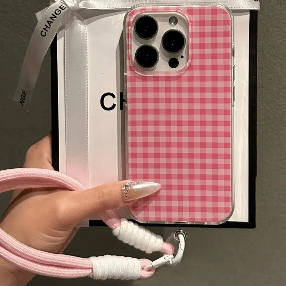 Pink Check Pattern With A Lanyard Phone Case For iPhone