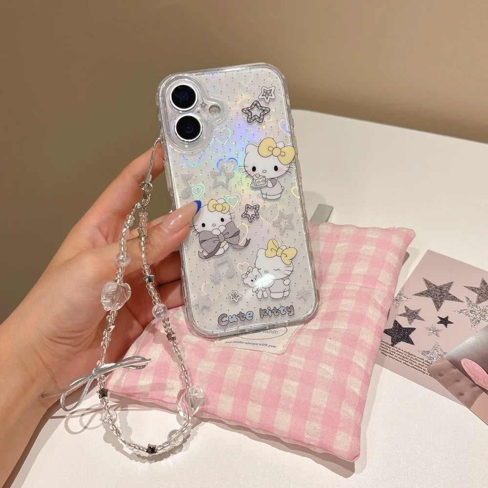 Clear Glitter Laser Star Heart HelloKitty Phone Case With Crystal Bead Wrist Lanyard Shockproof Cover For iPhone