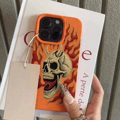Flame Skull Embroidery Pattern Lychee Texture Phone Case For iPhone