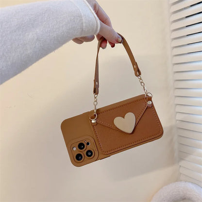 Heart Card Holder Crossbody Lanyard Leather Texture Phone Case For iPhone