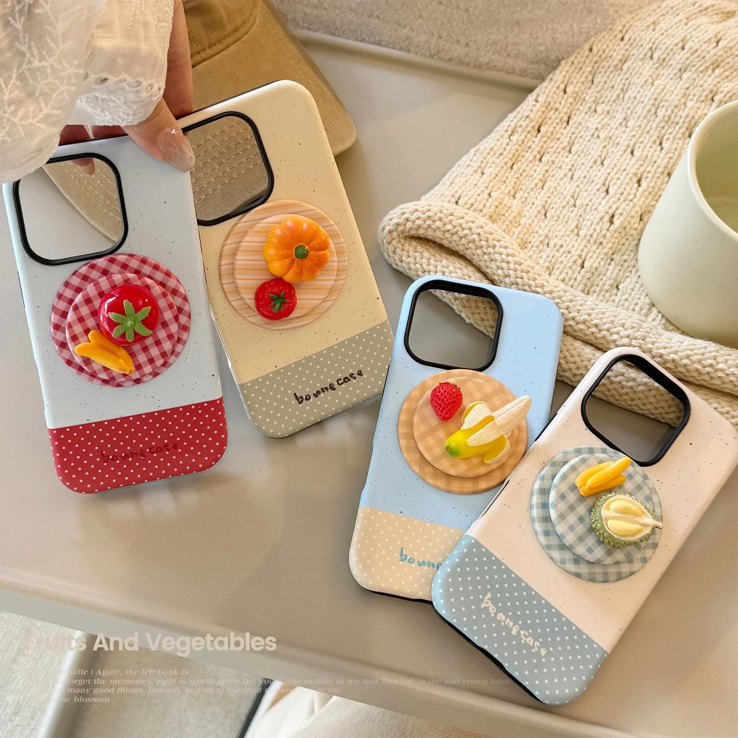 Korean Splicing 3D Cartoon Fruit Plaid Bracket Magnetic Phone Case For iPhone