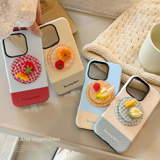 Korean Splicing 3D Cartoon Fruit Plaid Bracket Magnetic Phone Case For iPhone