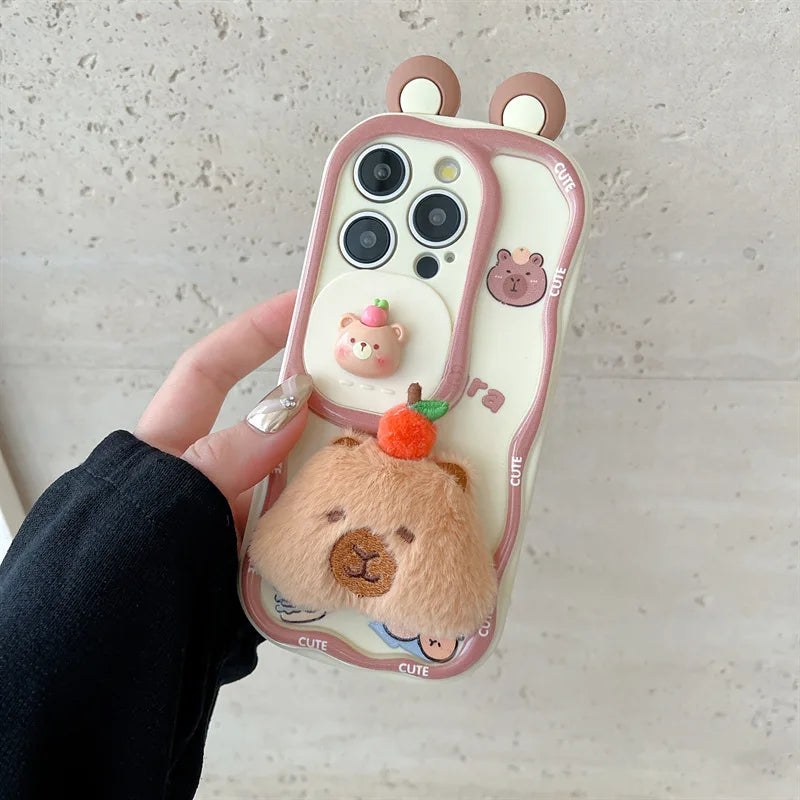 3D Cartoon Kapibala Sliding Push-Pull Camera Phone Case for iPhone