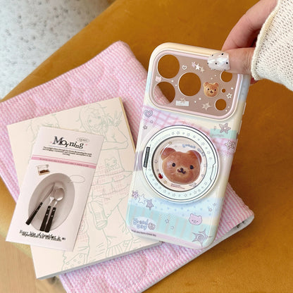 Korean Splicing Fold 360° Rotate Cartoon Bear Bread Magnetic Holder Phone Case For iPhone