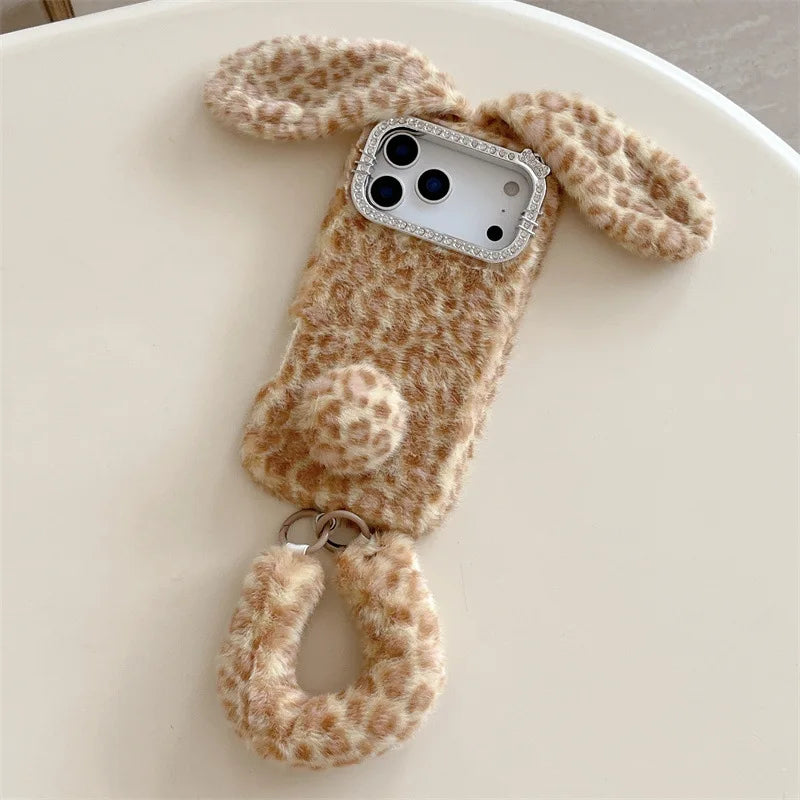 Cute Cartoon Leopard Print Rabbit Ears Furry Plush Phone Case For iPhone