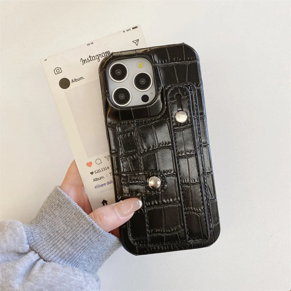 Slot Card Bag Wrist Strap Holder Leather Wallet Phone Case For iPhone