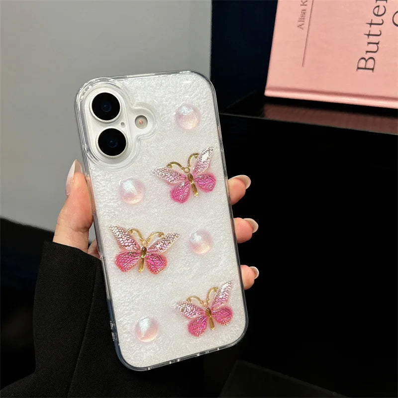 Korean 3D Pink Butterfly Pattern Glitter Drop Glue With Chain Phone Case For iPhone