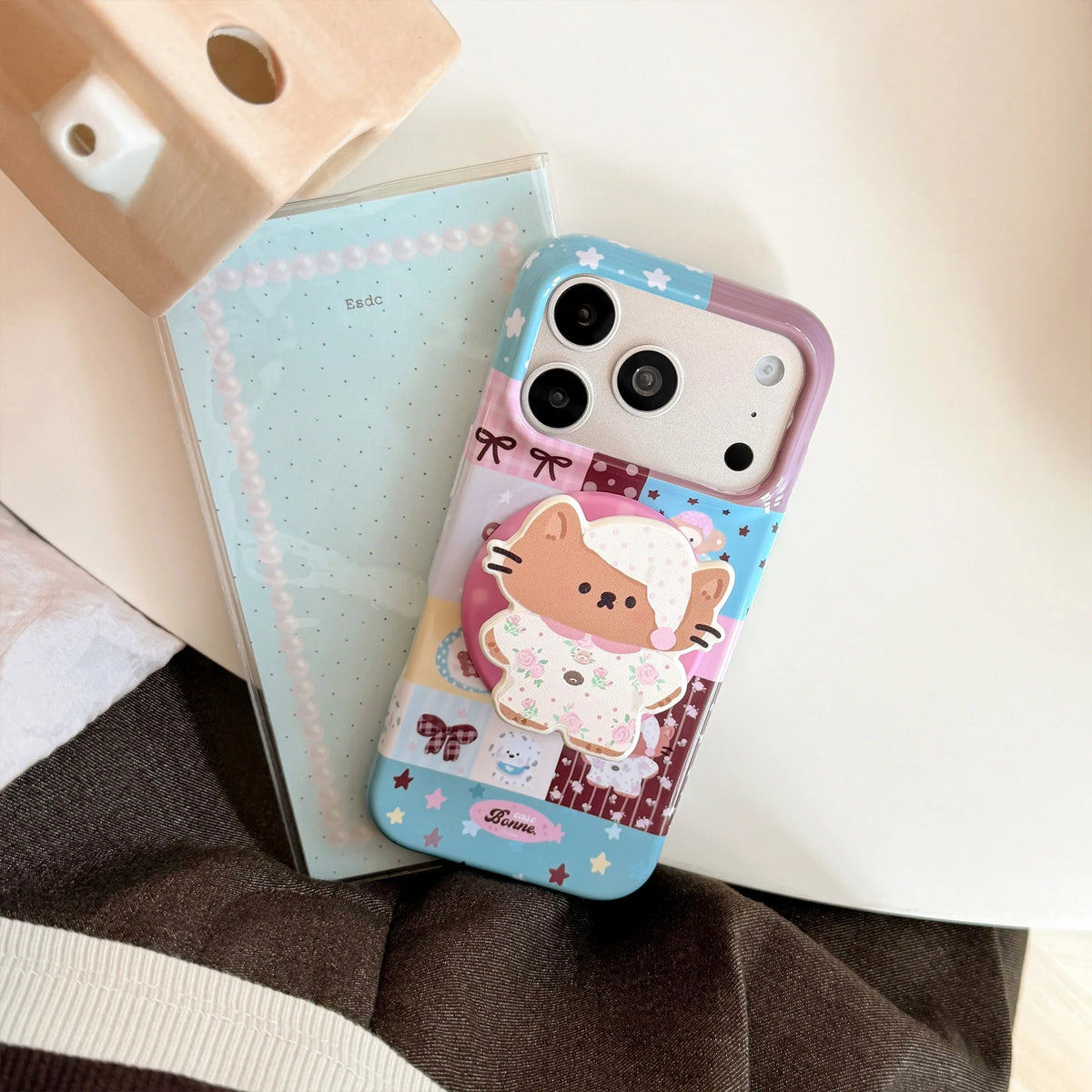 Korean Splicing Cartoon Nightwear Kitten Doll Magnetic Bracket Phone Case For iPhone