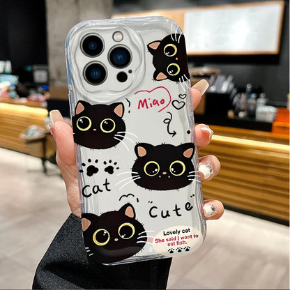 Cute Big Eyed Black Cat 3D Wave Phone Case  For iPhone