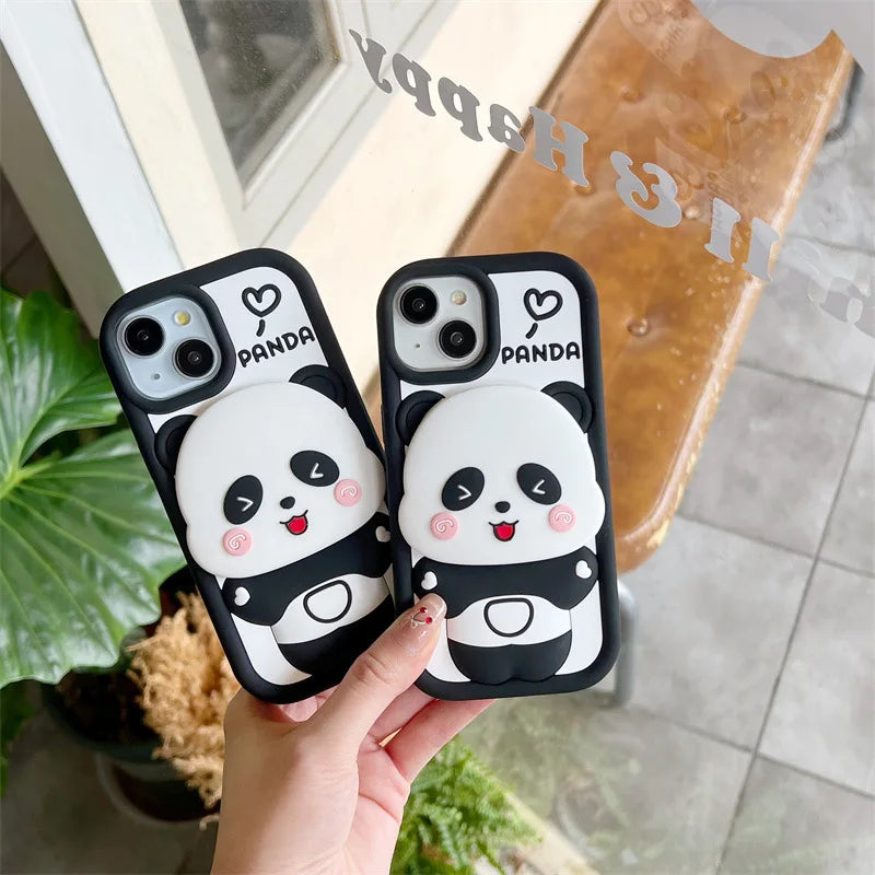 ins Cute Cartoon Panda Flip Mirror Bracket Soft Silicone Phone Case For iPhone