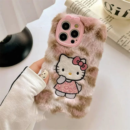 Y2k Hello Kitty Kawaii Plush Leopard Print Phone Case For iPhone