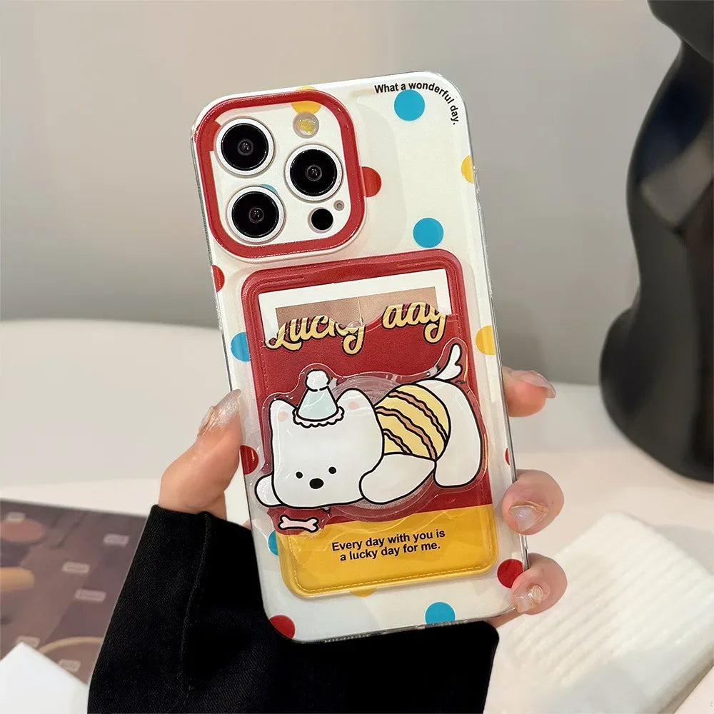 Cute Cartoon Puppy Bracket Card Holder Phone Case With Lanyard For iPhone