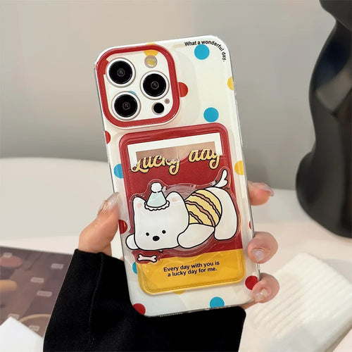 Cute Cartoon Puppy Bracket Card Holder Phone Case With Lanyard For iPhone