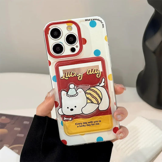 Cute Cartoon Puppy Bracket Card Holder Phone Case With Lanyard For iPhone