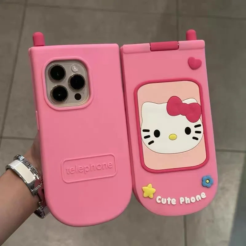 3D Cute Sanrio Hello Kitty Hide Makeup Mirror Flip Cover Phone Case For iPhone