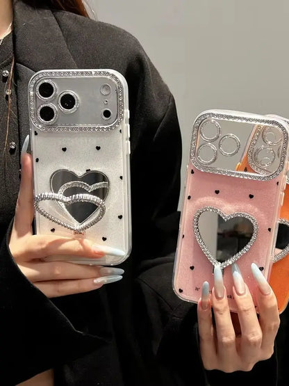 Glitter Diamond Love Heart Mirror Bracket Case For iPhone