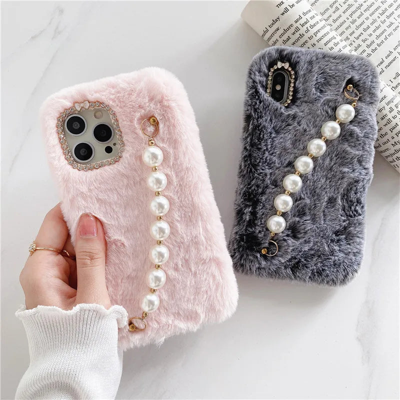 Autumn Winter Hairy Pearl Wrist Strap Phone Case For iPhone