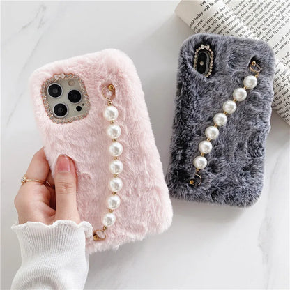 Autumn Winter Hairy Pearl Wrist Strap Phone Case For iPhone